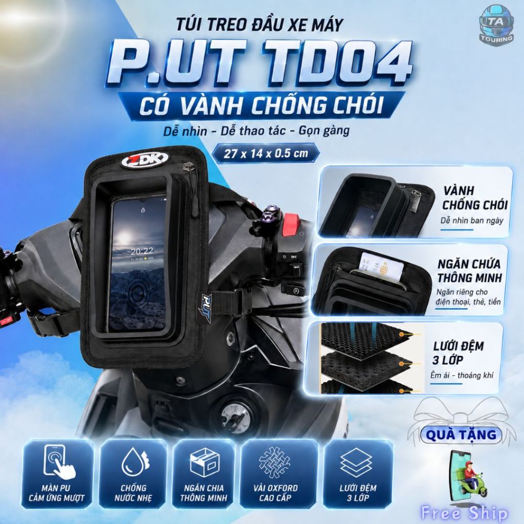 Túi Treo Đầu Xe Máy PUT TD04 Chống Chói Đựng Điện Thoại, Vành Cao Su Che Nắng Cho Shipper