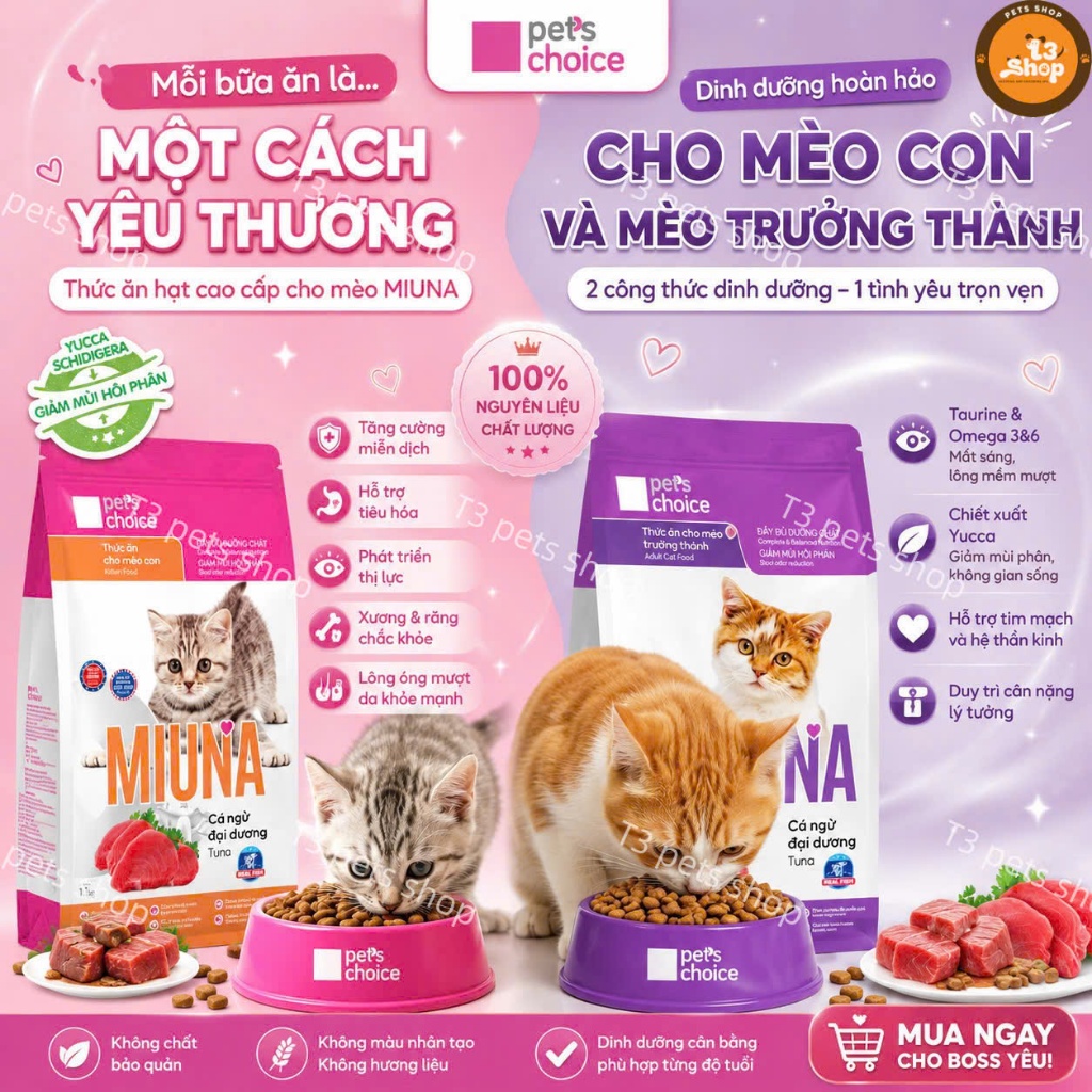 thức ăn hạt MIUNA CÁ THẬT TỪ ĐẠI DƯƠNG - đạm thuỷ phân dành cho mèo con và mèo trưởng thành - T3 PET