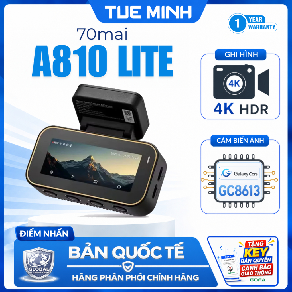 Camera hành trình ô tô 70mai A810 Lite 4K HDR - Bản quốc tế hàng phân phối chính hãng
