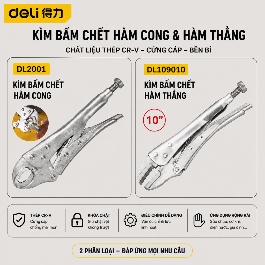 𝐃𝐞𝐥𝐢 - Kìm Bấm Chết Mỏ Cong - Kìm Khóa Hàm Miệng Tròn Deli Cao Cấp 10 Inch - Chất Liệu Siêu Bền, Chắ