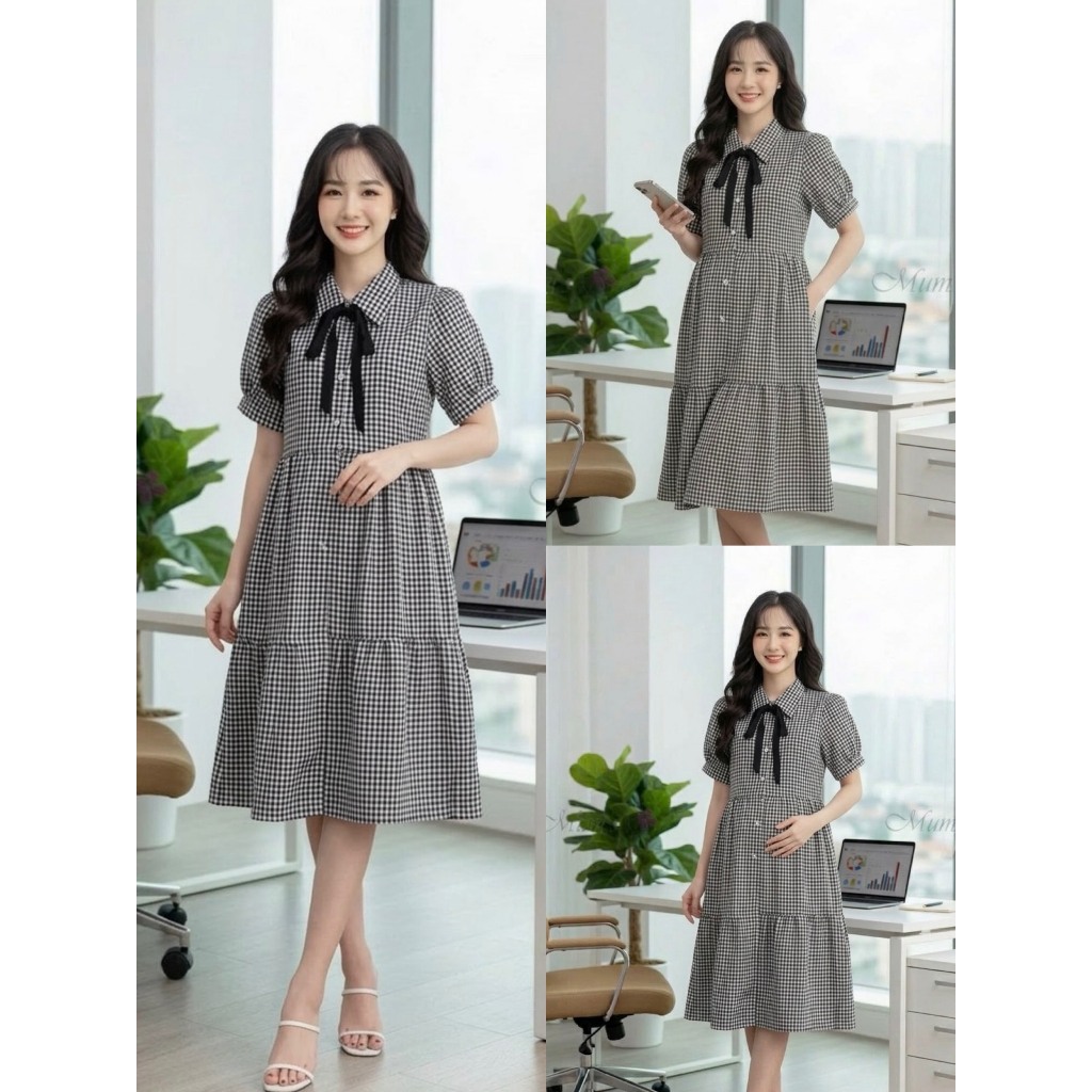 ĐẦM BẦU CÔNG SỞ MUM'S SHOP VCR070 Váy bầu xinh mùa hè caro đen trắng cổ đức