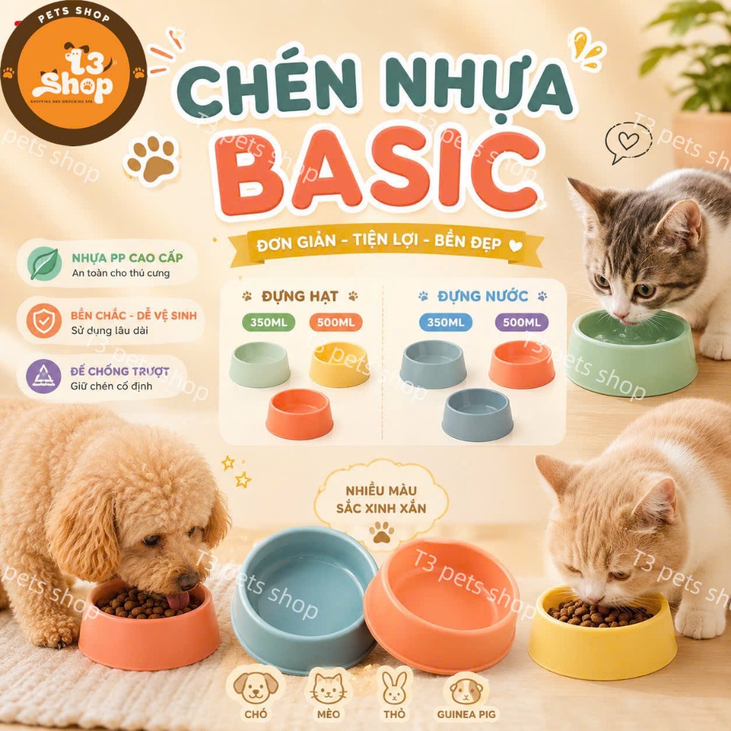 chén tròn nhựa màu basic cho chó mèo - T3 PETS SHOP