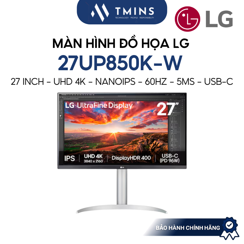 Màn hình đồ họa LG 27UP850K-W 27 Inch, NanoIPS, 4K, 60Hz, 5ms, USB-C - Bảo hành chính hãng 24 tháng