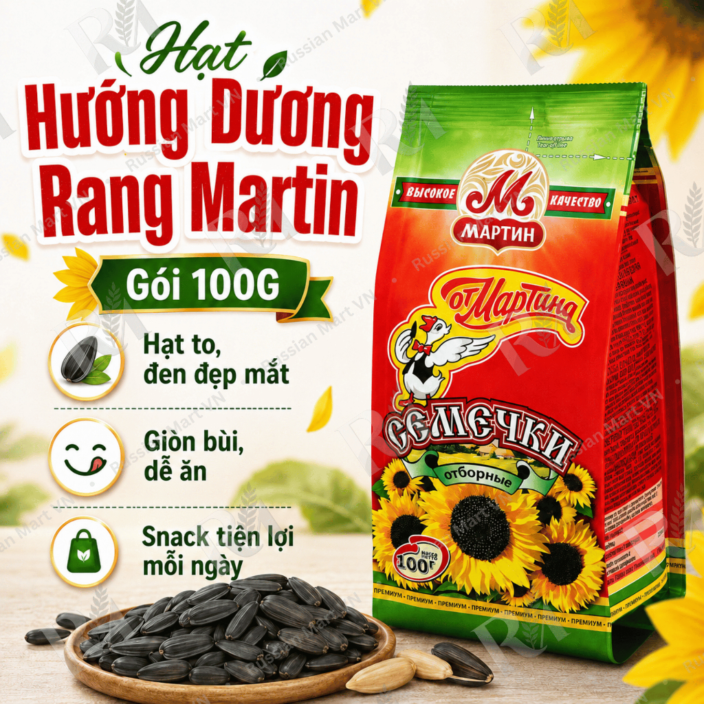 Hạt Hướng Dương Martin Rang 100G  - Hạt Nga Con Vịt Đen Giòn Bùi, Vị Tự Nhiên, Snack Xem Phim, Russi