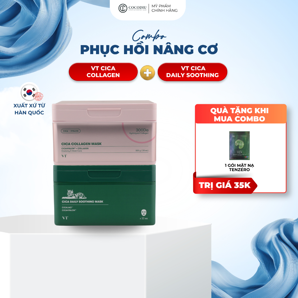 COMBO PHỤC HỒI & NÂNG CƠ (VT Cica Collagen Mask + VT Cica Daily Soothing Mask)