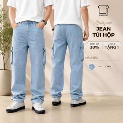 Quần Jean nam CARGO BAMI HOME BM, quần dài vải Jean ống suông, túi hộp, form rộng thoải mái QJ09