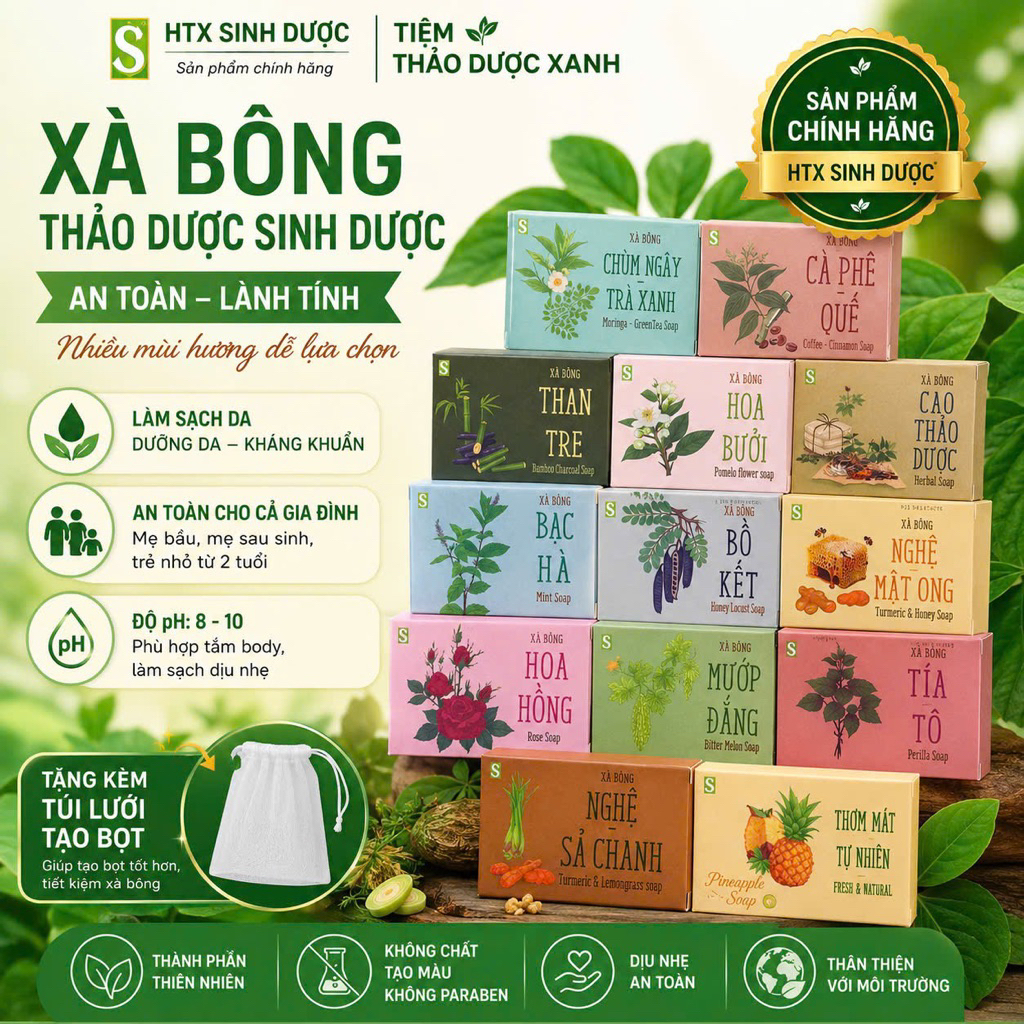 Xà bông sinh dược, xà phòng giảm mụn lưng, sáng da chính hãng HTX Sinh Dược ( tặng túi lưới)