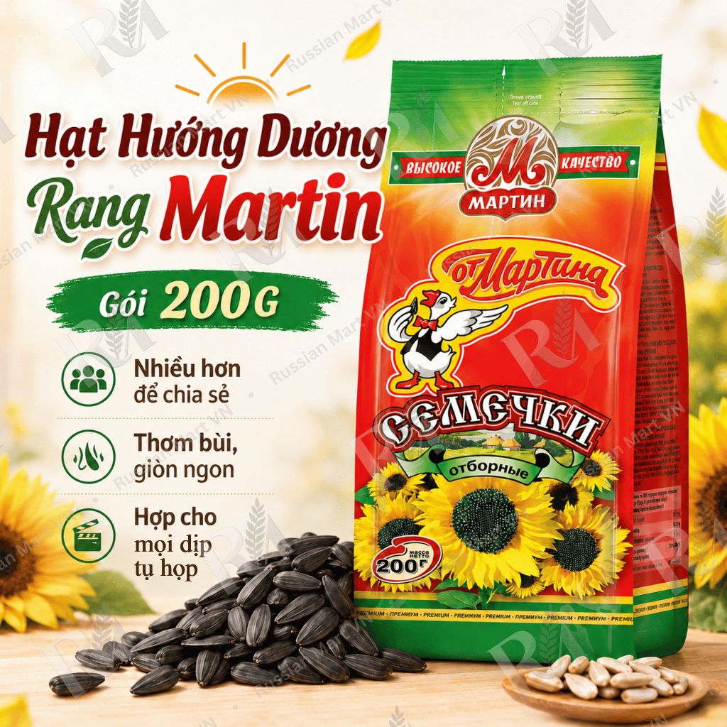 Hạt Hướng Dương Martin Rang 200G - Hạt Nga Con Vịt Đen Bùi, Snack Xem Phim, Uống Trà, Tụ Họp, Russia
