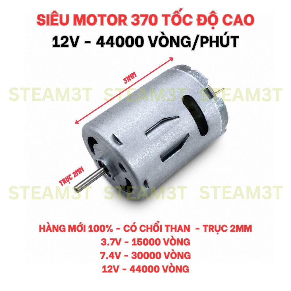 SIÊU MOTOR 370 TỐC ĐỘ CAO 12V 44000 VÒNG/PHÚT – TRỤC 2MM – MOTOR DC CÓ CHỔI THAN - DIY, MÔ HÌNH,TÀU 