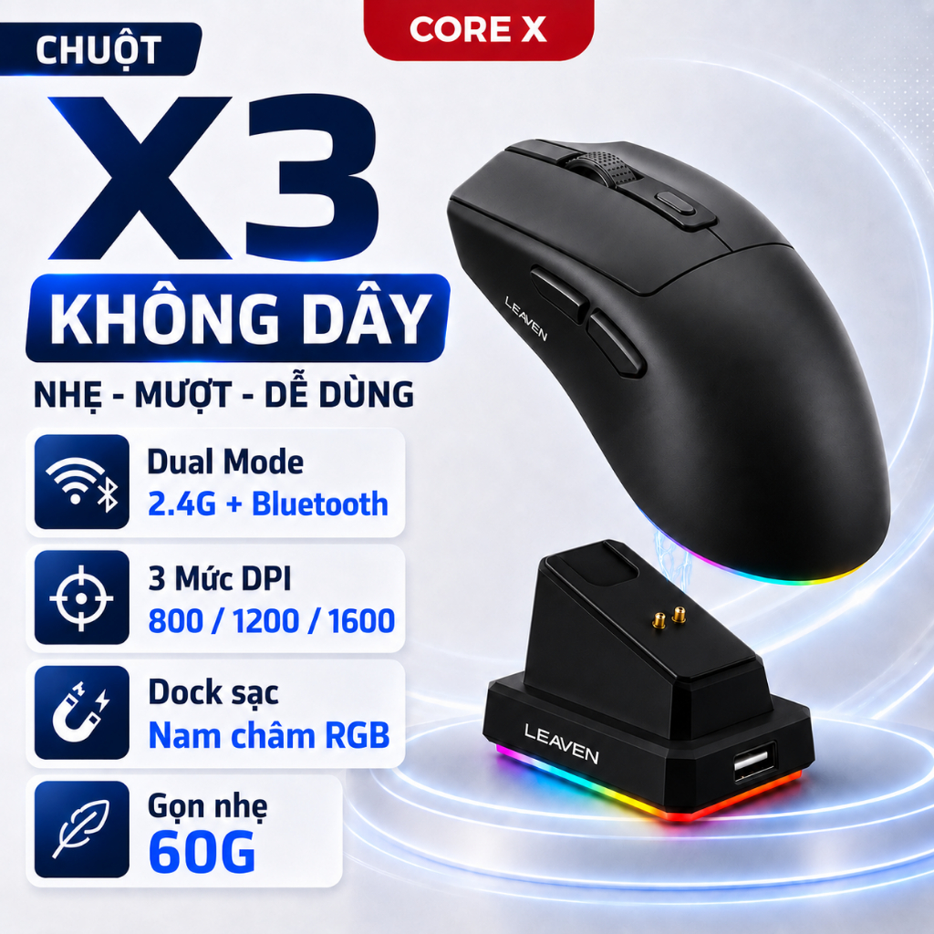 Chuột Bluetooth X3 Leaven Chip PRO-không dây- Có Dock Sạc- LED Rgb-1600 DPI Siêu nhẹ-BH12T