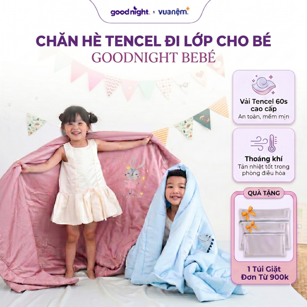 Chăn Mùa Hè Cho Bé Goodnight Chăn Đi Lớp Cho Bé Chăn Tencel 60s Cao Cấp Mềm Mịn Thoáng Mát Vua Nệm