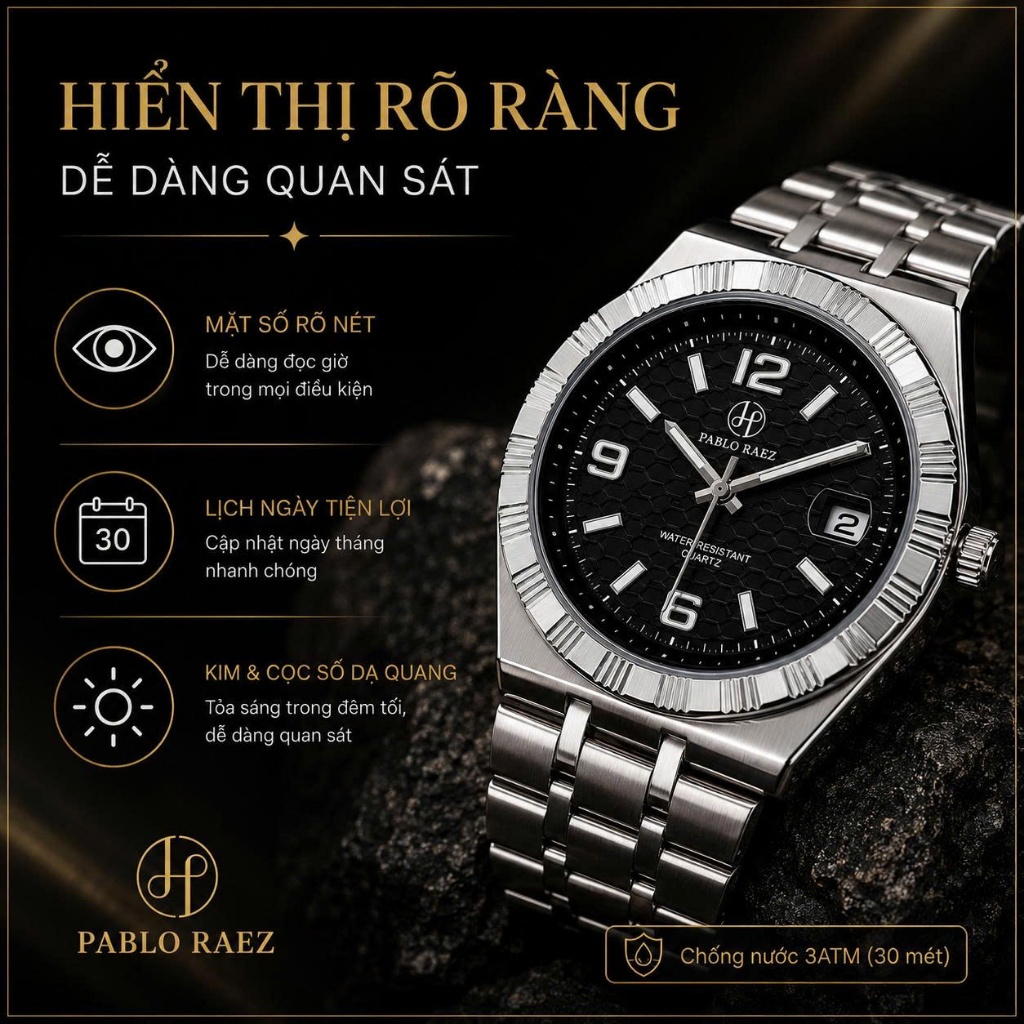 Đồng hồ nam dây thép N588 PABLO RAEZ chống nước 3ATM thiết kế sang trọng 40mm CARIENT | BigBuy360 - bigbuy360.vn