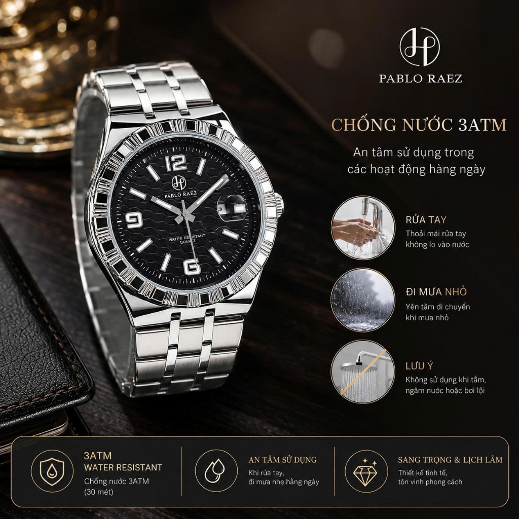 Đồng hồ nam dây thép N588 PABLO RAEZ chống nước 3ATM thiết kế sang trọng 40mm CARIENT | BigBuy360 - bigbuy360.vn