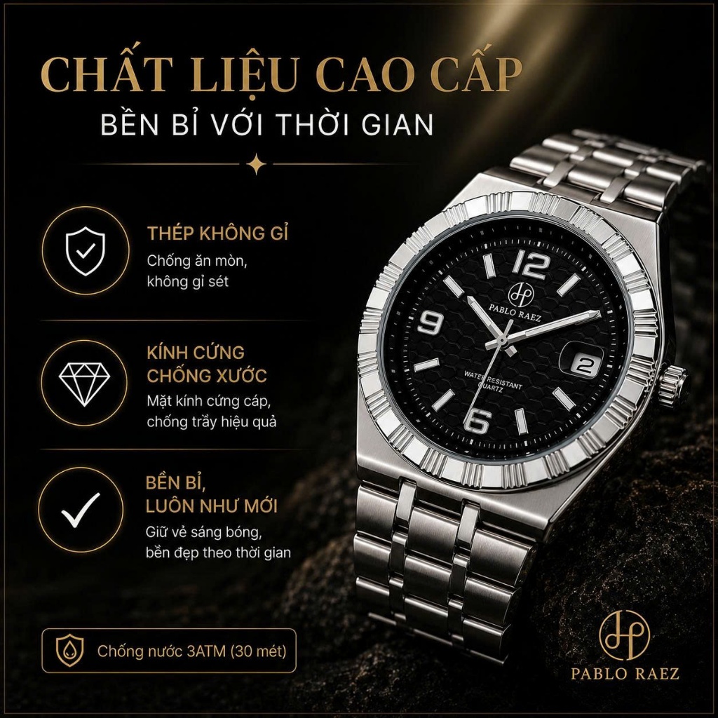 Đồng hồ nam dây thép N588 PABLO RAEZ chống nước 3ATM thiết kế sang trọng 40mm CARIENT | BigBuy360 - bigbuy360.vn