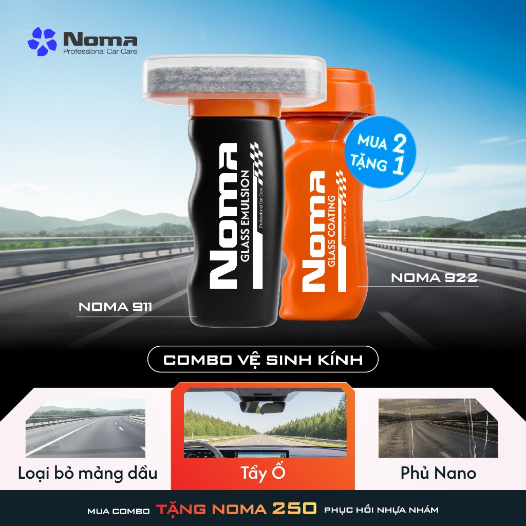 Combo Tẩy Ố Kính và Phủ Nano Kính Xe ô Tô Noma 911 + 922, Tẩy Sạch Ố Kính Phủ Nano Chống Bám Nước