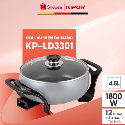 Nồi Lẩu Điện Đa Năng KIPOR KP-LD3301 4.5L 1800W - Chảo Điện 26.5cm Dây Điều Khiển Rời Chiên Xào Nấu Lẩu - BH chính hãng