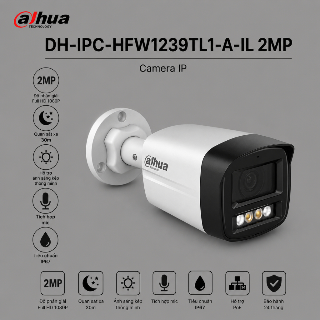 (TẶNG HKT)Camera Dahua DH-IPC-HFW1239TL1-A-IL 2MP ánh sáng kép thông minh ghi hình màu ban đêm rõ