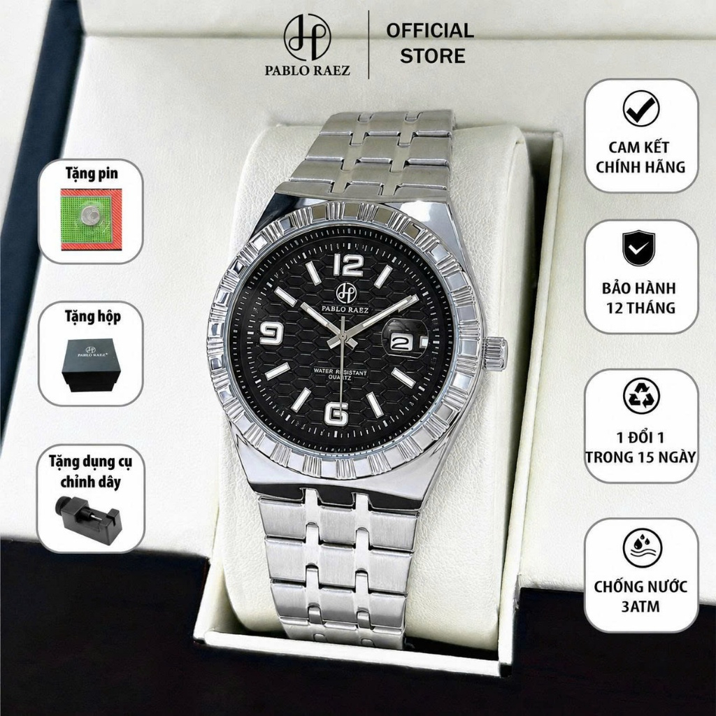 Đồng hồ nam dây thép chính hãng N588 PABLO RAEZ chống nước 3ATM thiết kế sang trọng 40mm