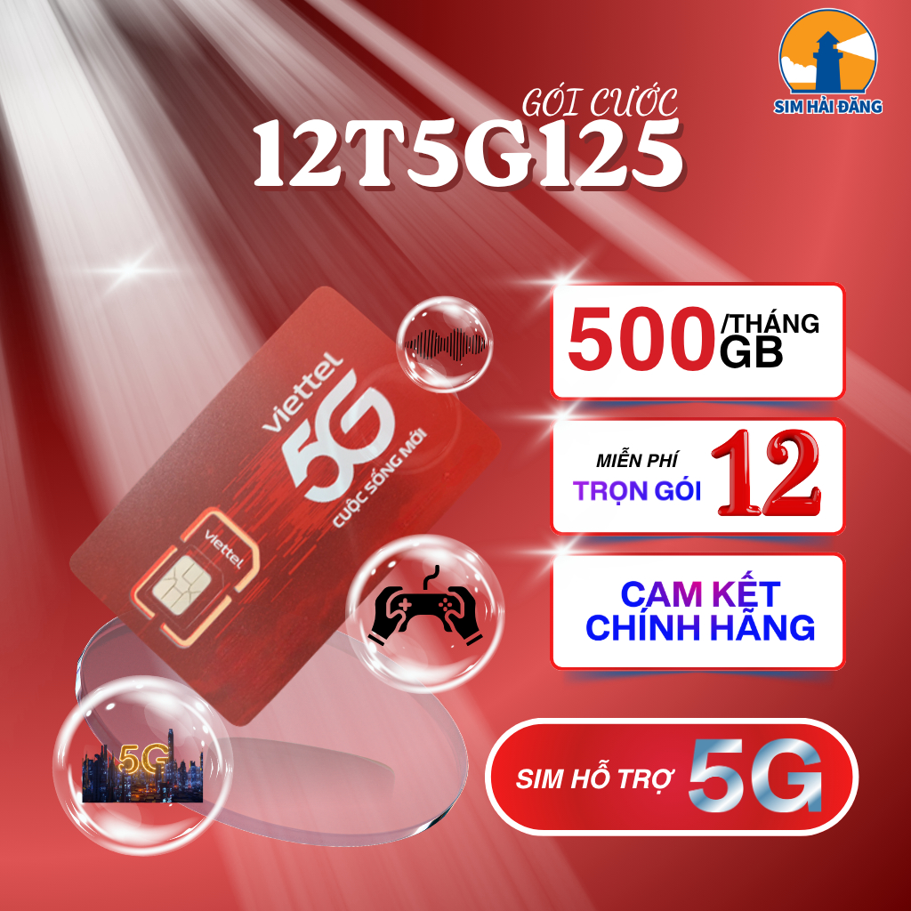 Sim Viettel 5G - 12T5G125 - 500GB/Tháng - 6000GB/Năm - Miễn Phí 12 Tháng