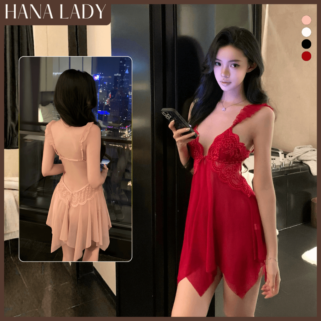 Váy Ngủ Ren Nữ - Đầm Ngủ Cánh Tiên Voan Xẻ Tà Phối Ren Hoa HanaLady - VN607