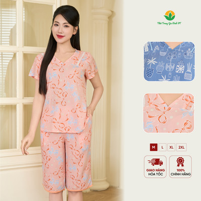 Đồ bộ nữ mùa hè vải lanh tole mềm mát, áo cộc tay quần lửng mặc nhà Việt Thắng B06.6056