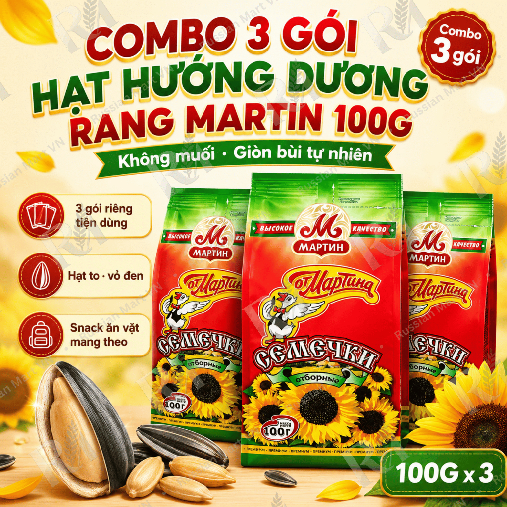 Combo 3 Gói Hạt Hướng Dương Rang Martin 100G - Hạt Nga Con Vịt Đen Giòn Bùi, Snack Xem Phim, Tụ Họp,