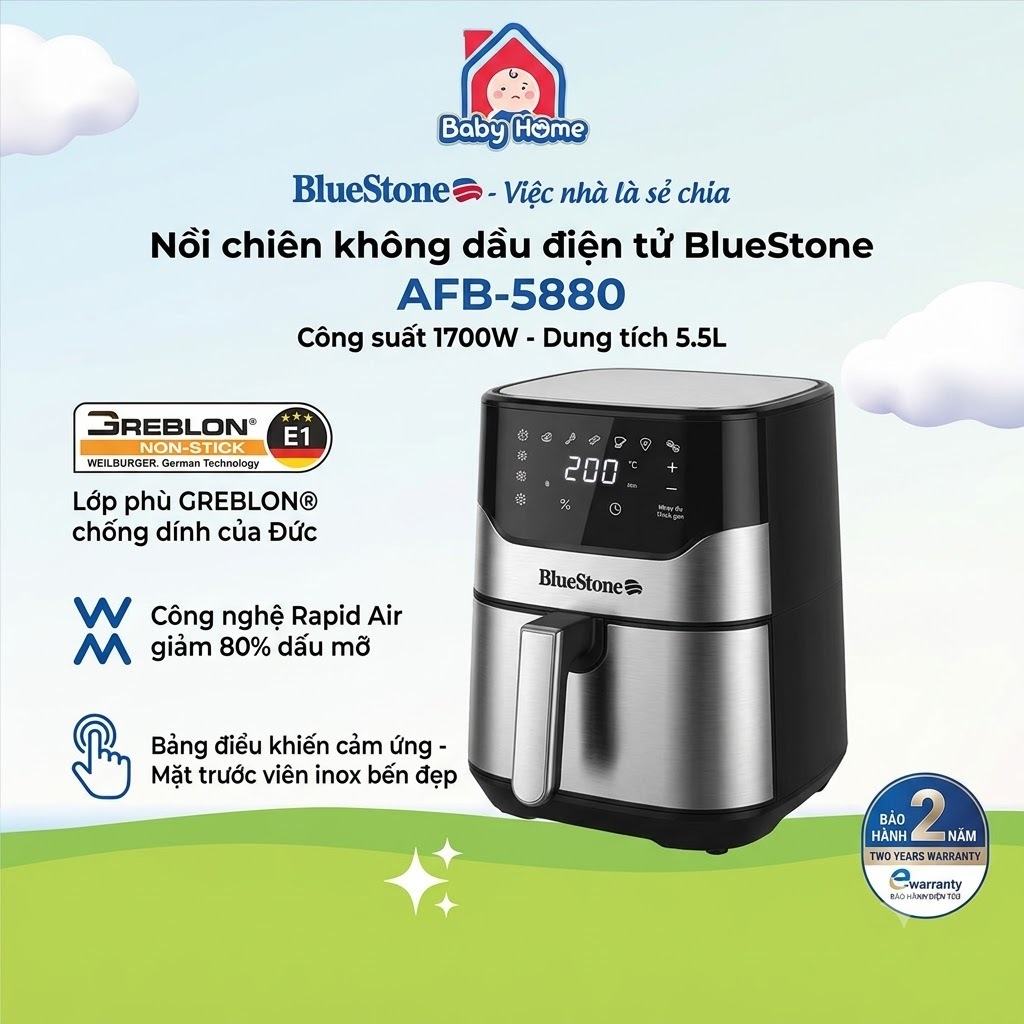 [Chính Hãng] - Nồi Chiên Không Dầu BlueStone AFB-5880 (5.5L-1700W) - Cảm ứng màn hình LED