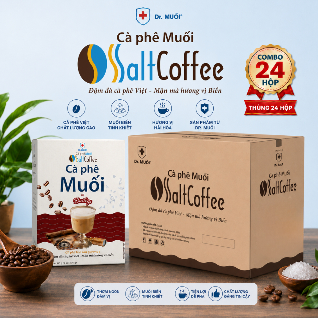Thùng 24 Hộp Cà Phê Muối Hòa Tan SaltCoffee Vị Baileys, cafe 5in1 với Hương vị Baileys Châu Âu - Dr 