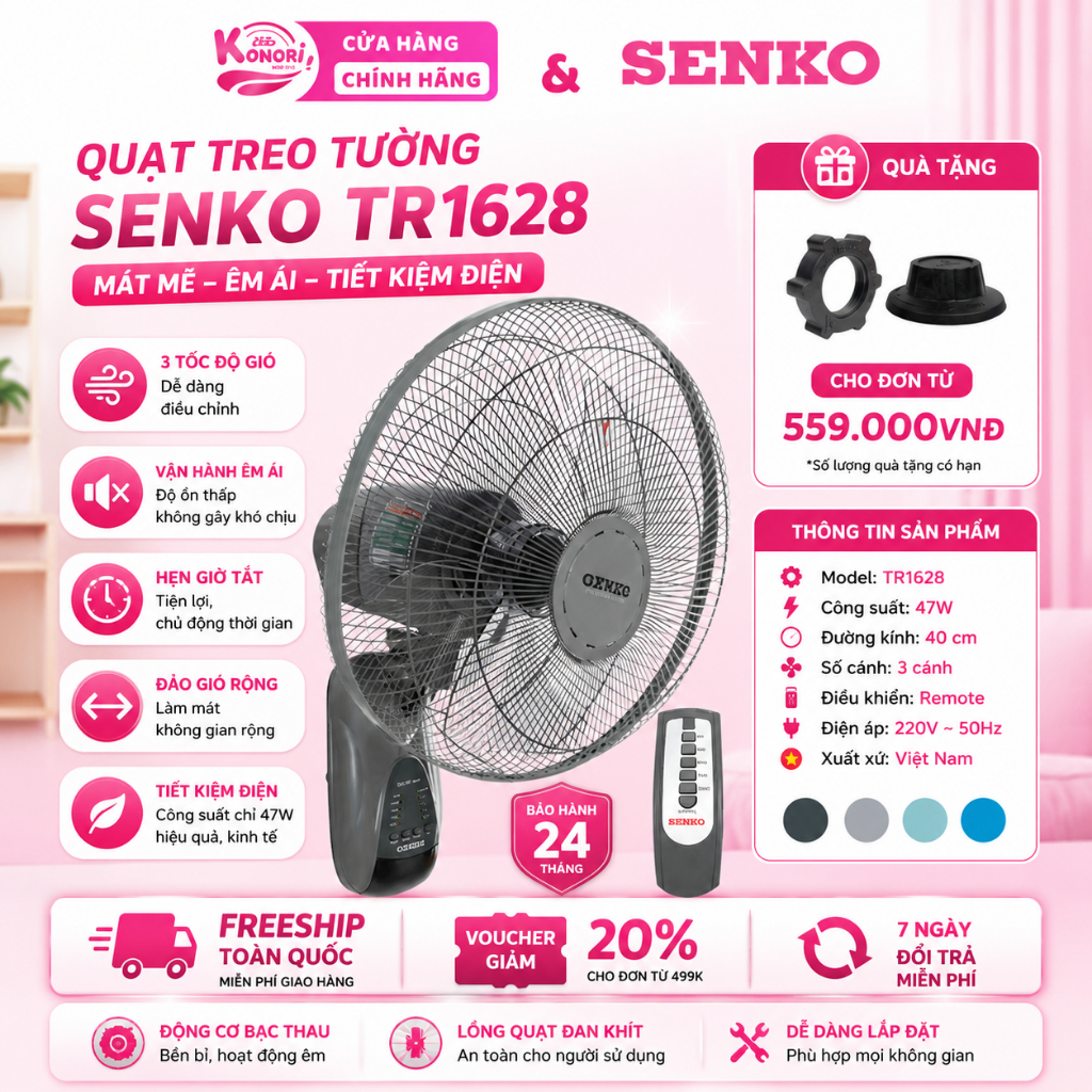 Quạt Treo Tường Senko TR1628 47W 3 Cánh, Quạt Điều Khiển Từ Xa, Chính Hãng