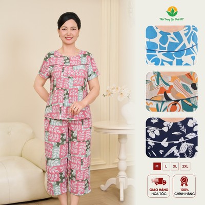 Bộ lanh trung niên nữ Việt Thắng quần lửng áo cộc tay họa tiết mặc nhà thoáng mát cho mẹ - B06.6090