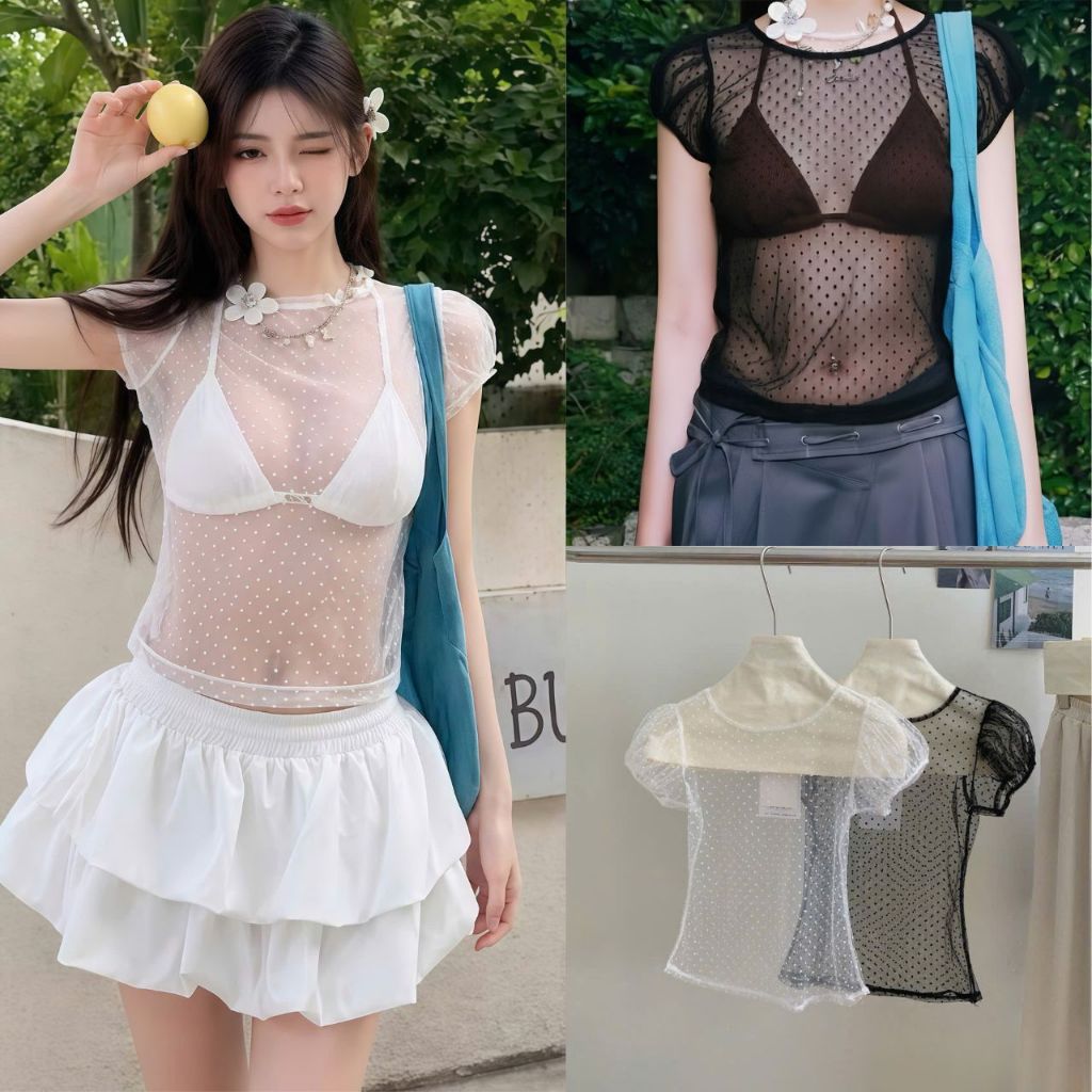 Áo Lưới Chấm Bi Tay Bồng Xuyên Thấu Gợi Cảm, Labibi