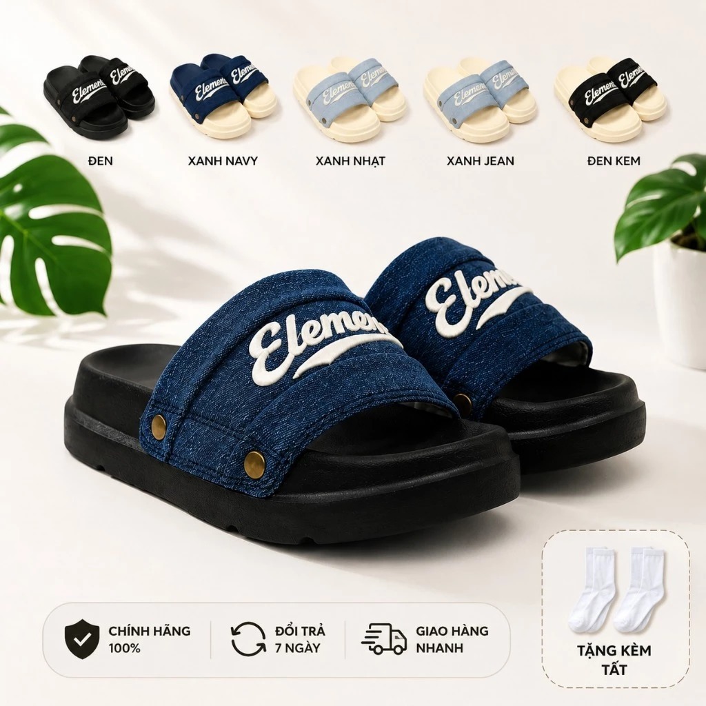 [ĐÍNH TÁN E18] Dép Elements vải jean đế bằng nam nữ (Slipper) Dép ELements Iconic Denim Unisex chữ t
