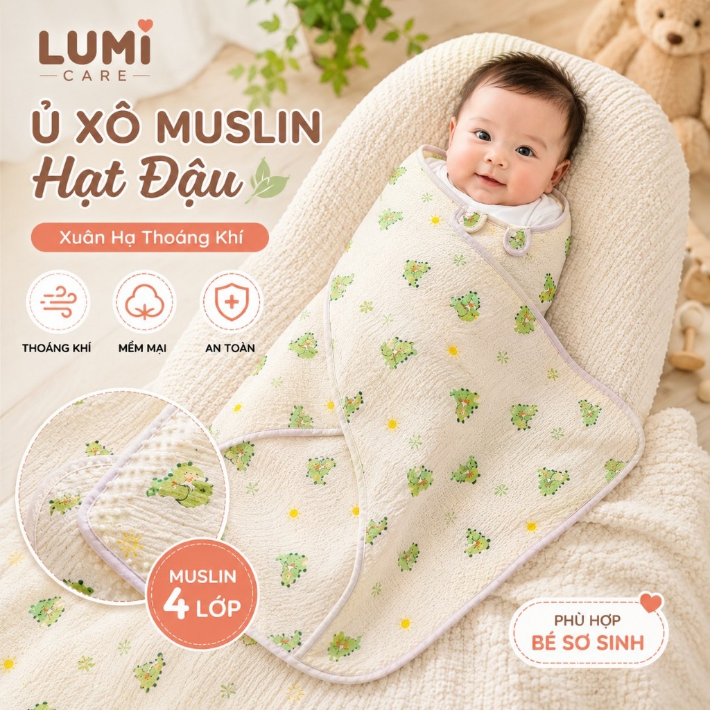 Ủ Xuân Hạ Thoáng Khí Không Bí, Ủ Xô Muslin Hạt Đậu - Lumi Care - Mềm Mại - HT627 - HT660