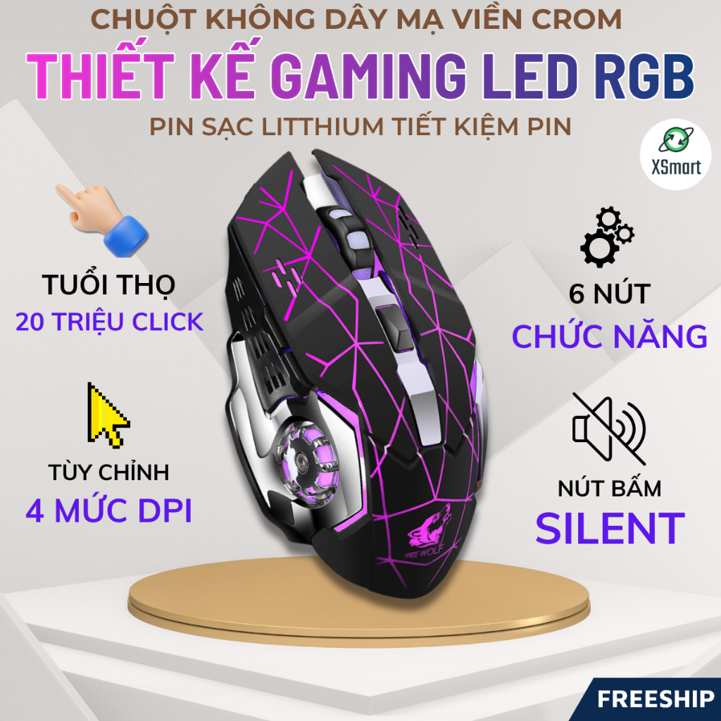 Chuột Không Dây Pin Sạc X8 LED RGB AUTO 4 Mức DPI Chơi Game, Văn Phòng, Tuổi Thọ 20 Triệu Click