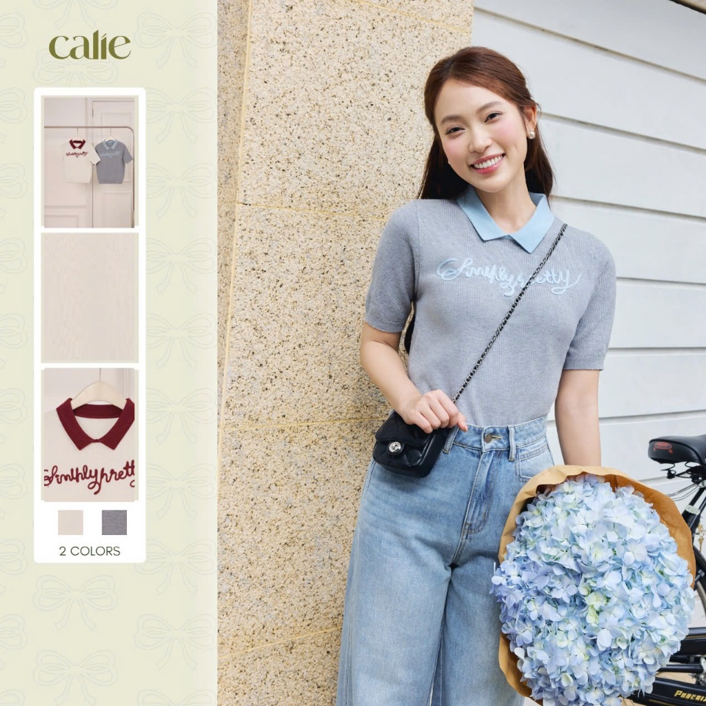 (Little Women) Áo dệt kim phối cổ thêu chữ nổi, chất liệu cao cấp, co dãn tốt thời trang nữ Calie AK