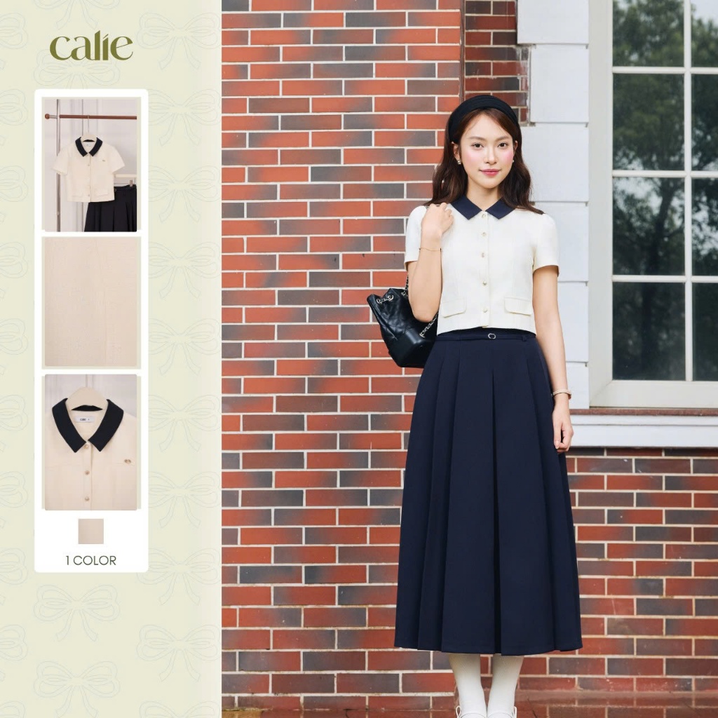 (Little Women) Áo kí giả gấm nảy phối cổ xanh, form basic thanh lịch, nữ tính thời trang nữ Calie AC
