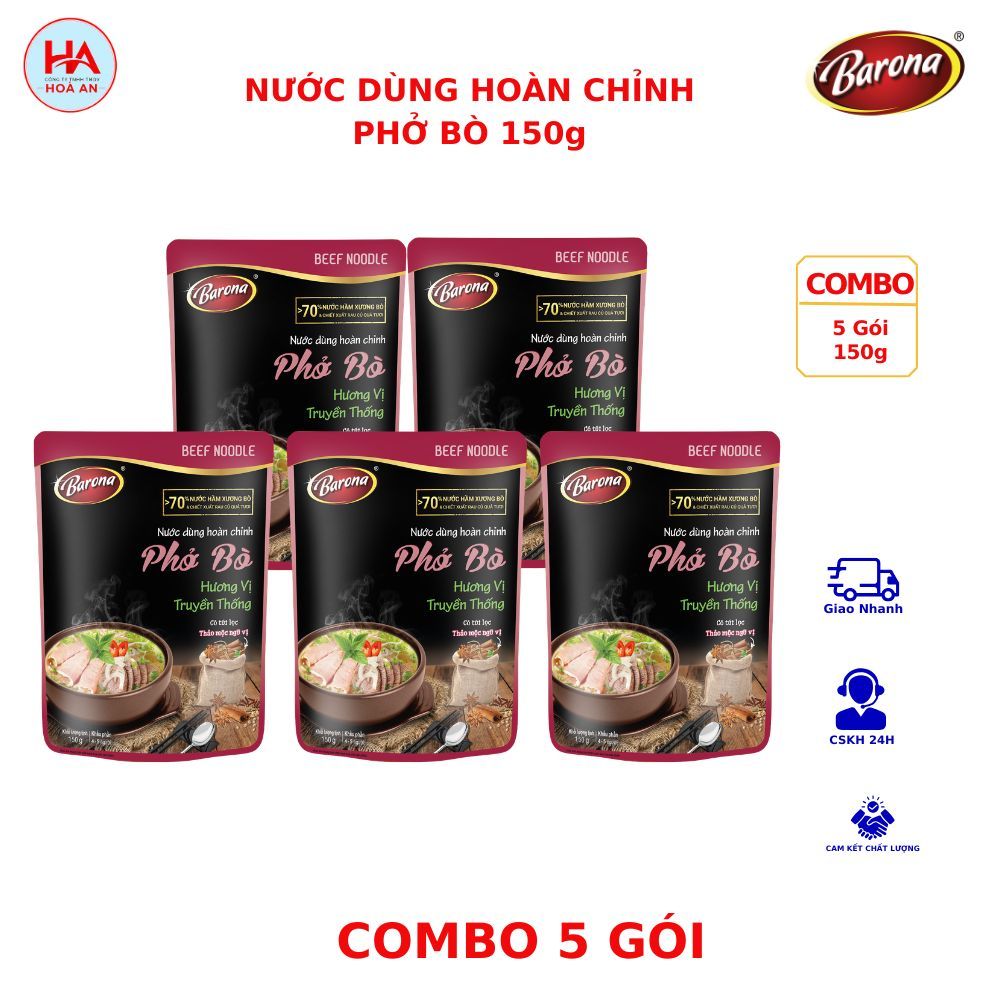 (COMBO 5 Gói): Nước Dùng Hoàn Chỉnh BARONA Hương Vị PHỞ BÒ 150g
