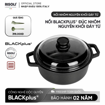 Risoli Italy BlackPlus – Nồi nhôm đúc đáy từ có nắp kính – 20/24/28 cm