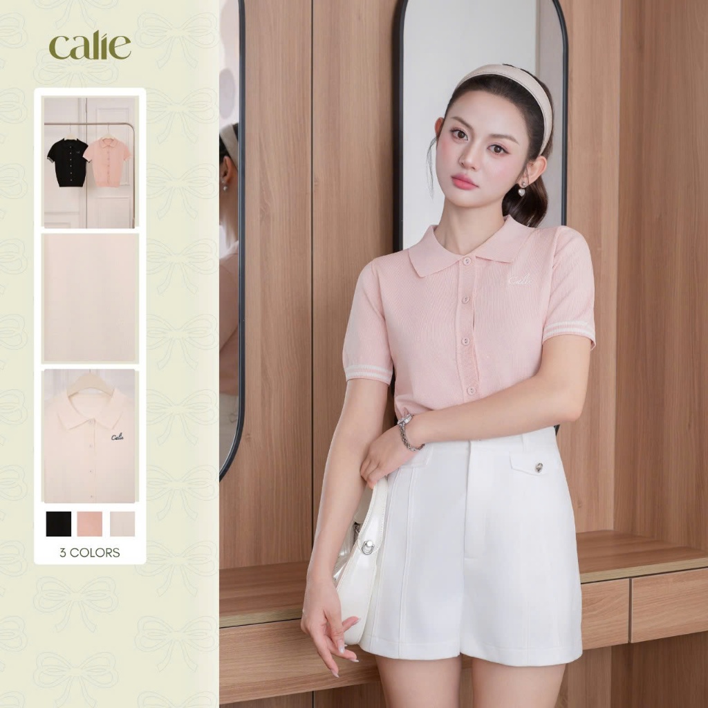 (Little Women) Áo dệt kim thêu calie tay 2 viền, chất liệu mềm, thoáng hợp mùa hè thời trang Calie A