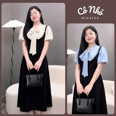 Đầm Bigsize Nữ Dáng Dài Cổ Nơ Viền Bèo Xinh Tay Ngắn Bồng Tiểu Thư Cho Chubby A695