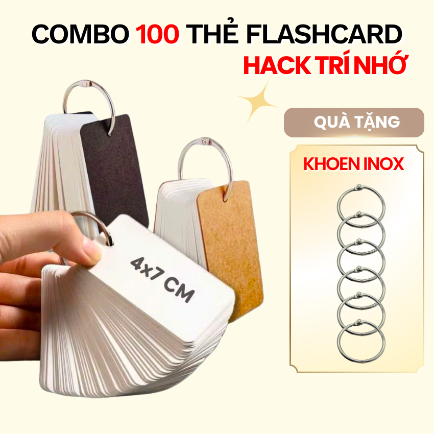 Flashcard 4x7cm Combo 100 Thẻ Tặng 1 Khoen Thẻ Học Từ Vựng Tiếng Anh Tiếng Trung Tiếng Hàn