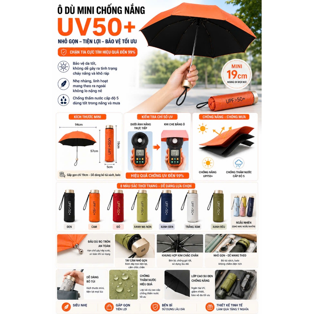 Ô Dù Mini 1 Cây Ô Chống Nắng Dù Mini Gấp Gọn Chống UV Ô Che Mưa Bỏ Túi Siêu Gọn Tiện Nhanh