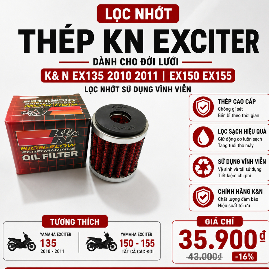 Lọc nhớt thép KN Exciter các đời lưới đỏ K&N EX135 2010 2011 EX150 EX155 - lược nhớt sử dụng vĩnh vi