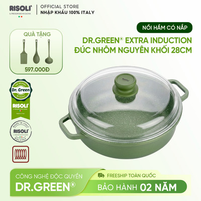 Risoli Italy Dr.Green Extra-Induction – Nồi hầm nhôm đúc đáy từ 28 cm có nắp kính