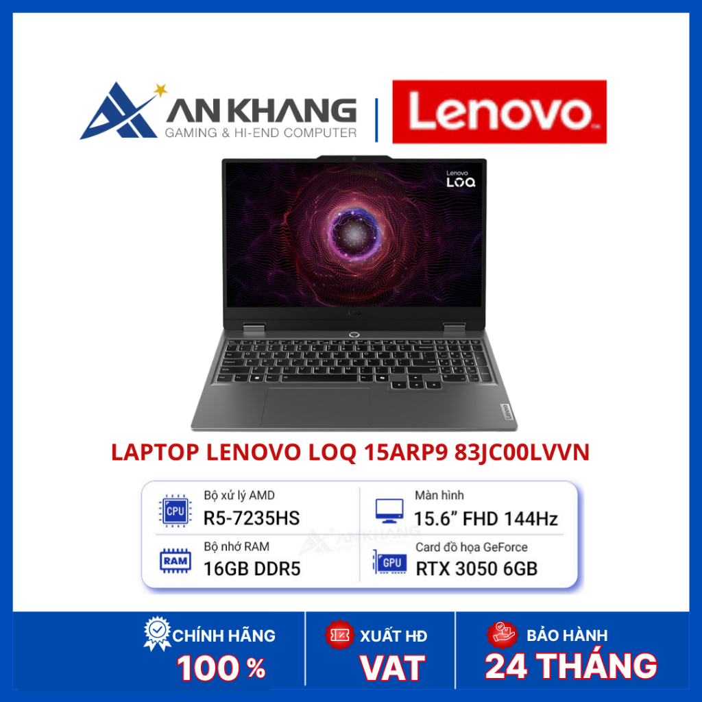 Laptop Lenovo LOQ 15ARP9 83JC00LVVN | Ryzen 5 7235HS | RAM 16GB DDR5 | SSD 512GB PCIe 4.0 | RTX 3050