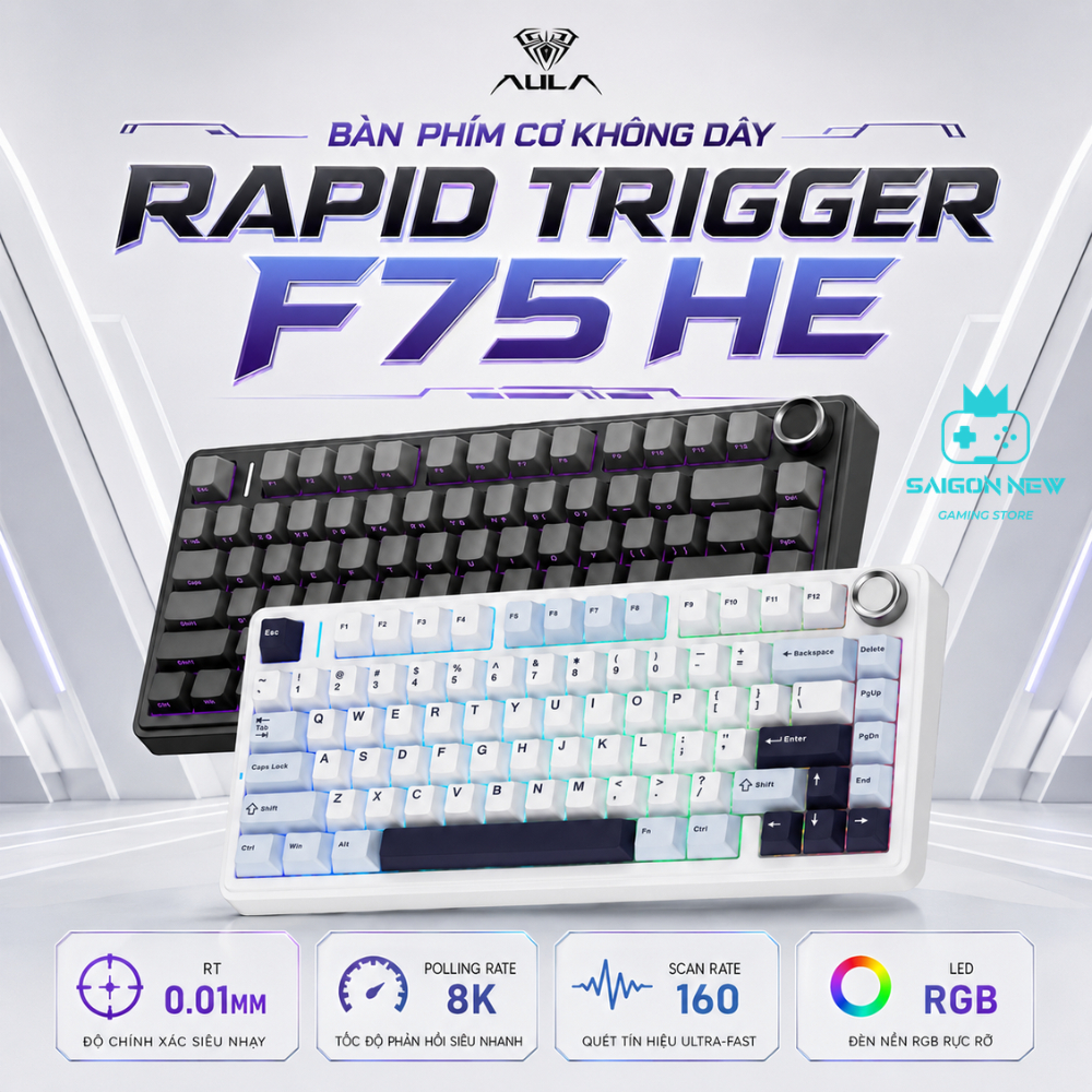 Bàn phím cơ Aula F75 HE - Công nghệ Rapid Trigger 0.01mm - Hỗ trợ 8k - Có Hotswap -LED RGB, bàn phím chơi game laptop,pc
