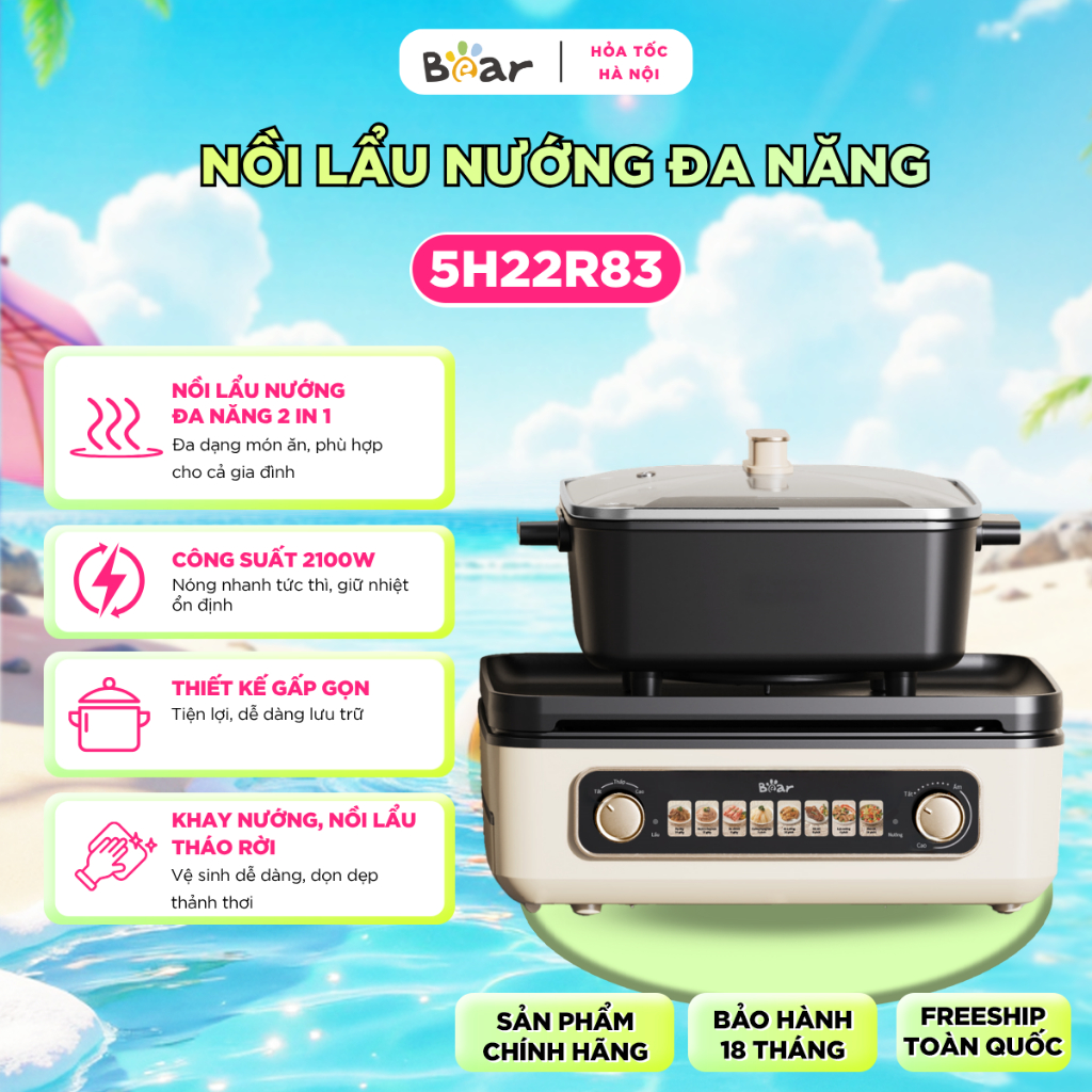 [HN-Hỏa Tốc] Nồi Lẩu Nướng Đa Năng BEAR Nấu Lẩu Chiên Nướng Hầm Xào Chống Dính GR-5H22R83