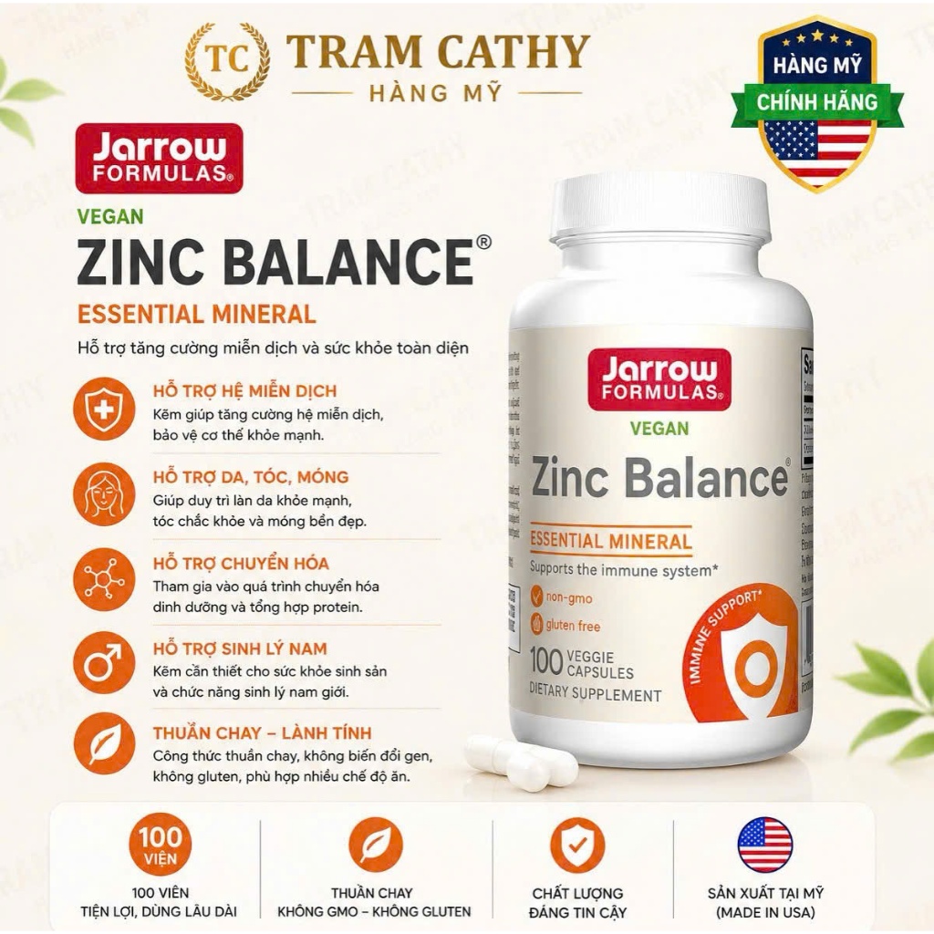 Tramcathy-Jarrow Formulas Zinc Balance 100 viên - Bổ sung kẽm hỗ trợ miễn dịch và sức khỏe tổng thể