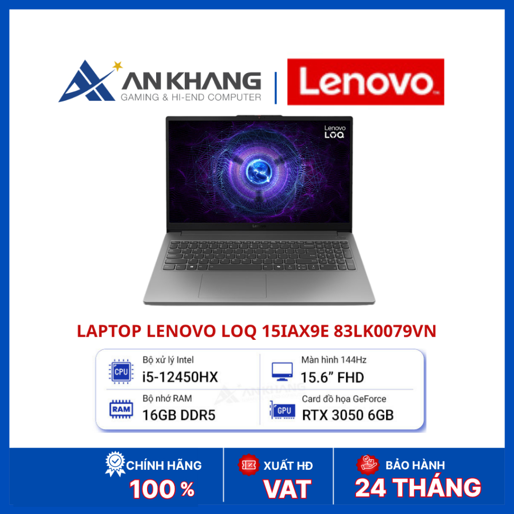 Laptop Lenovo LOQ 15IAX9E 83LK0079VN | Core i5-12450HX | RAM 16GB DDR5 | SSD 512GB PCIe 4.0 | RTX 30