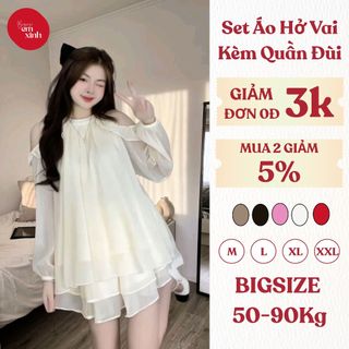 Set Áo Kiểu Hở Vai Dài Tay Tiểu Thư Kèm Quần Đùi Form Rộng, Vải Tơ Ánh Kim Lót 2 Lớp - Bigsize Bs032